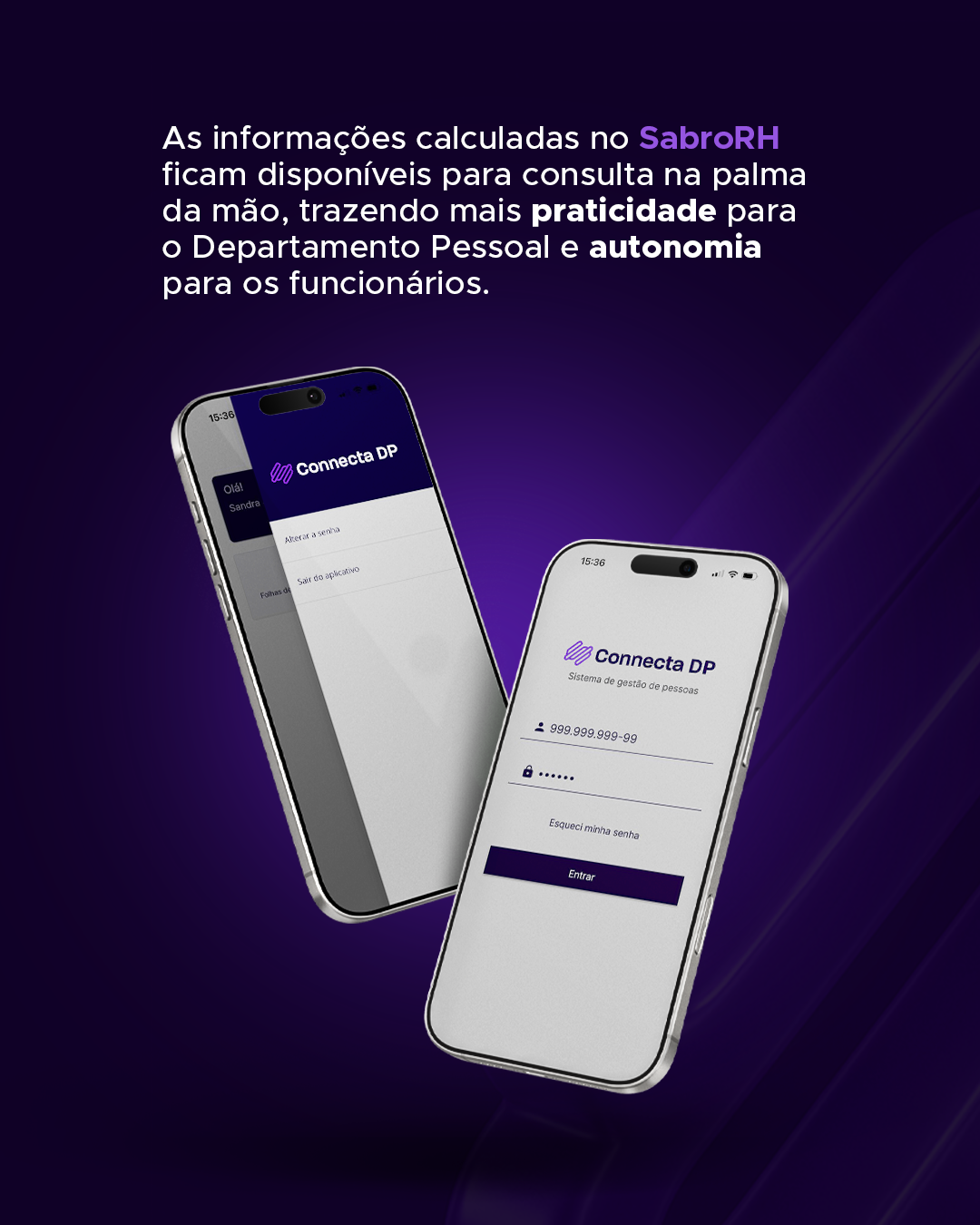 Telas de login e menu do aplicativo ConnectaDP